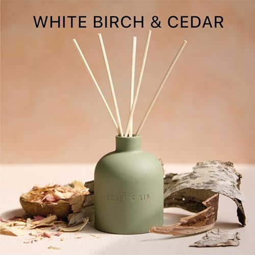 Craft & Kin White Birch & Cedar Reed Diffuser – Earthenware Collection, 6.7 oz – Alcohol-Free Essential Oil Diffuser for Home & Bathroom – Long-Lasting Fragrance Sticks – Ceramic Room Decor