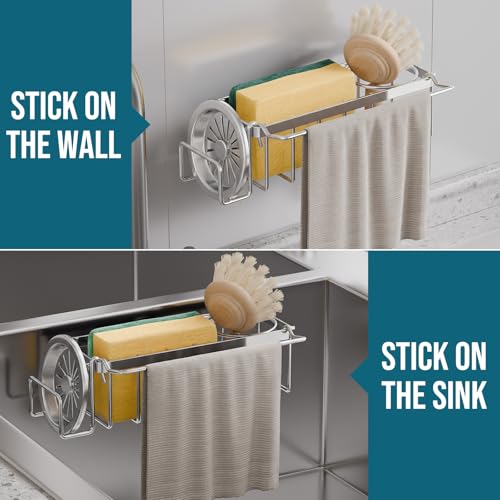 TAILI 4-in-1 Sponge Holder for Kitchen Sink with Strong Suction Cup-Silver | Removable Rustproof 304 Stainless Steel Multi-compartment Sponge Holder with Suction Cup, Keeps Brushes & Scrubbers Tidy - color: Silver, size: 7.28" x 2.36"