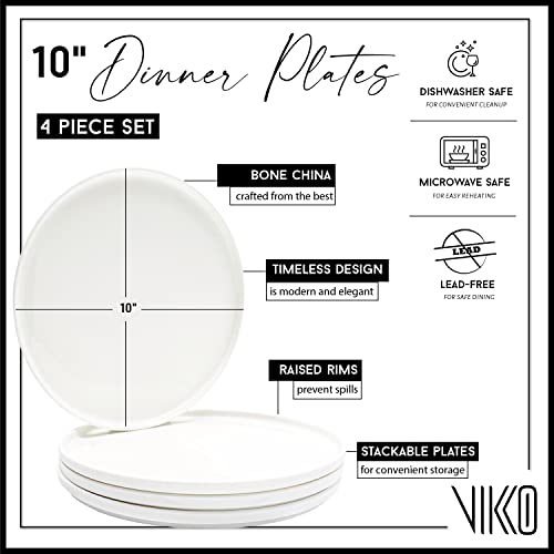 Vikko Salad Plate, Set of 4 White Plates, Bone China, Stackable 10 Inch Dinner Plates, Dishwasher Safe - size: 10 Inch
