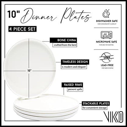 Vikko Salad Plate, Set of 4 White Plates, Bone China, Stackable 10 Inch Dinner Plates, Dishwasher Safe - size: 10 Inch