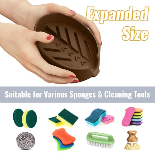 NiHome Silicone Sponge Holder for Kitchen Sink, Fits Scrub Daddy Mommy | Self-Draining Dispenser Organizer Tray, Sink Caddy Countertop Fits Soaps, Scrubber, Dishwasher Safe, Includes Brush - color: Coffee Brown