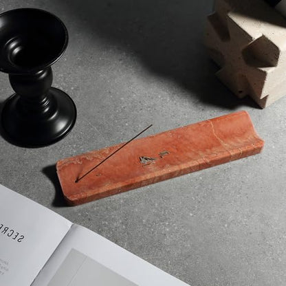 Natural Travertine Incense Holder, Incense Holder for Sticks with 9 Holes, Handmade Incense Burner Ash Catcher for Meditation Yoga SPA, Balsam Fir/Palo Santo/Sage/Cone Incense Holder(Red) - color: Red Travertine