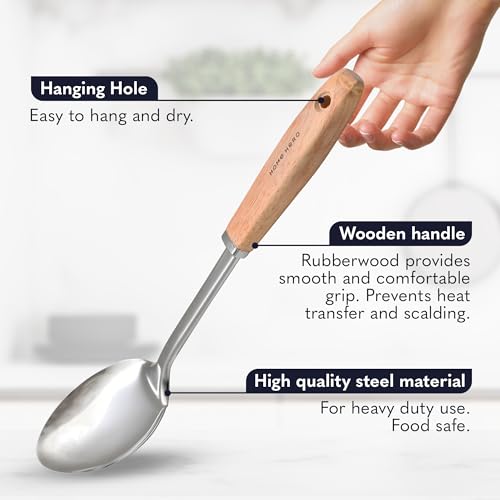 Home Hero 10-Piece Stainless Steel Kitchen Utensil Set with Wooden Handle | Ergonomic Wood Handle Stainless Steel Kitchen Utensils - Rust-Resistant, Nonstick Safe with Storage Holder (10-Piece) - size: 10 pieces
