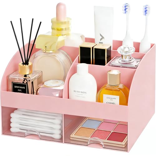 Makeup Organizer with 2 Drawers, Cosmetic Storage for Dresser Vanity and Bathroom Countertop,Make up organization and Skincare Storage with Beauty Brush Holder, Cosmetic Display Case (Pink) - color: Pink