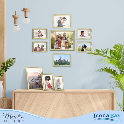 Combination Gold Picture Frames Set - 10 PC (Five 4x6, Three 5x7, Two 8x10), Classy Contemporary Style, Maestro Collection for Wall Gallery | Icona Bay Mixed Photo Frames - Glass Cover Sheet - Classy Contemporary Style - Wall Gallery, Collage - Table Top