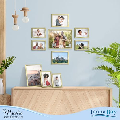 Combination Gold Picture Frames Set - 10 PC (Five 4x6, Three 5x7, Two 8x10), Classy Contemporary Style, Maestro Collection for Wall Gallery | Icona Bay Mixed Photo Frames - Glass Cover Sheet - Classy Contemporary Style - Wall Gallery, Collage - Table Top