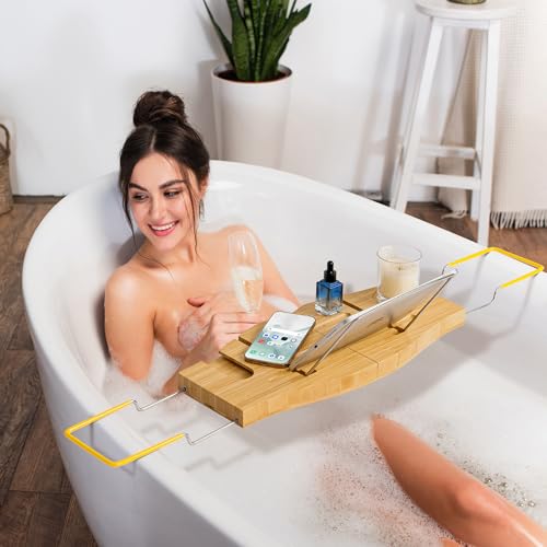 Dreamland Bamboo Bathtub Tray Caddy | Light bamboo material, cross tub design, bathroom bath supplies storage - color: Bamboo Natural - B, size: Medium