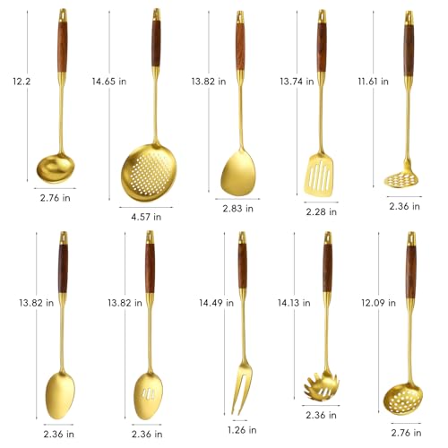 Izurok 18/10 Stainless Steel Kitchen Utensils Set,10 Piece Cooking Utensils With Wood Handle,Heat Resistant Kitchen Tool Set With Spatula,Spoon,Ladle,Skimmer,Slotted Turners,Pasta,Turner,Ladl,Fork - color: GOLD-10 Pieces, size: Small