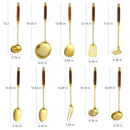 Izurok 18/10 Stainless Steel Kitchen Utensils Set,10 Piece Cooking Utensils With Wood Handle,Heat Resistant Kitchen Tool Set With Spatula,Spoon,Ladle,Skimmer,Slotted Turners,Pasta,Turner,Ladl,Fork - color: GOLD-10 Pieces, size: Small