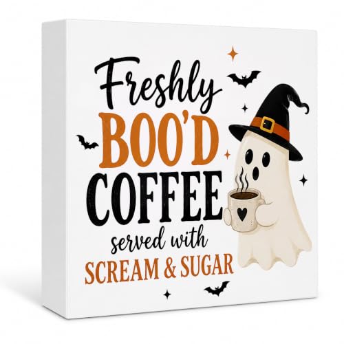 Halloween Coffee Bar Wood Box Sign, Halloween Coffee Ghost Indoor Kitchen Decor Sign, Spooky Halloween Farmhouse Home Table Desk Shelf Decorations 5x5 Inch - color: Coffee