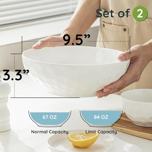 HOMBENE Large Pasta Bowls Set of 2, 9 Inch Pasta Serving Bowl Dinner Bowls, Wide and Shallow Microwave Dishwasher Safe Bowl Set of 2 - color: White, size: 9.5 IN