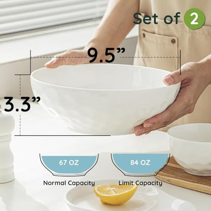 HOMBENE Large Pasta Bowls Set of 2, 9 Inch Pasta Serving Bowl Dinner Bowls, Wide and Shallow Microwave Dishwasher Safe Bowl Set of 2 - color: White, size: 9.5 IN