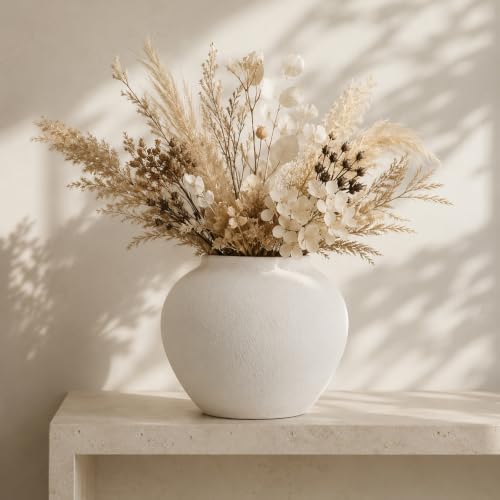 White Ceramic Vase 8.3in, Round Modern Farmhouse Flower Vase for Home Decor | white ceramic vase with 4.7 in wide mouth, water-safe for flowers, pampas grass and modern farmhouse decor - color: White, size: 8.3in