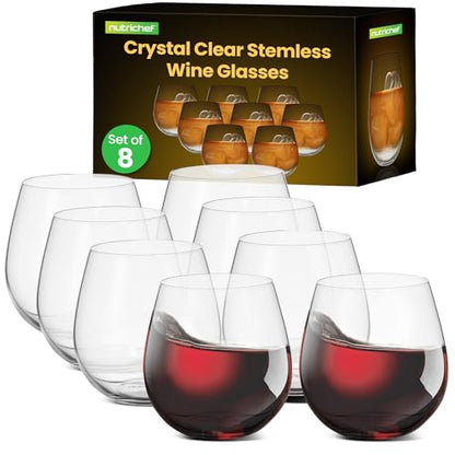NutriChef 8-Piece Stemless Wine Glasses Set, 15 oz Ultra Clear Hand-Blown Glass Wine Glasses, Elegant Glass Set for Red & White Wine, Durable Design, Set of 8, Dishwasher Safe