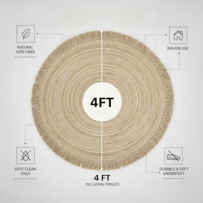 Hand Woven Jute Round Rug, Natural Reversible Boho Area Rug for Entryway, Kitchen, Living Room and Bedroom I Farmhouse Indoor Floor Rug - 4ft, Circular - size: 4' (Round)