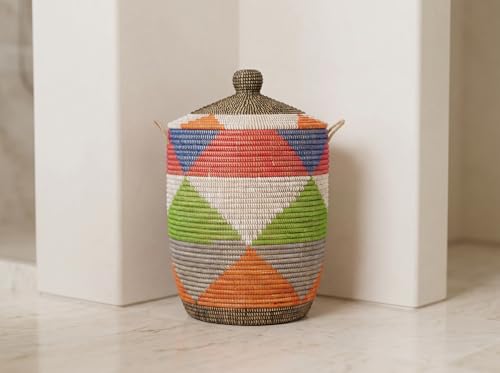 Decorative African Hooded Basket with Lid and Handles, 15" Wide, 19" Tall (Colorful Triangles) - color: Colorful Triangles