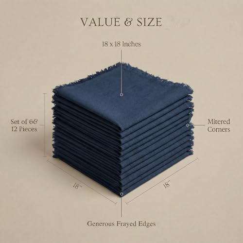 ACCENTHOME Navy Cotton Linen Napkin Set of 6 18x18 inch Dinner Napkins | Cotton Linen Blend Napkins, Machine Wash On Gentle Cycle, Economy Pack, Multi Purpose Use, Cotton - color: 07 - Navy, size: 18" x 18" (Set of 6)