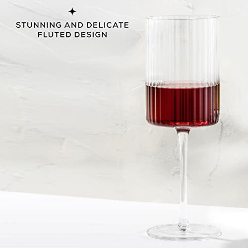 JoyJolt Elle Fluted Wine Glasses, 17.5oz Red Wine Glass Set of 2, Unique Stemmed Glass, Big Long Stem Cocktail Vintage Style Drinking Glasses - style: Red Wine Glasses