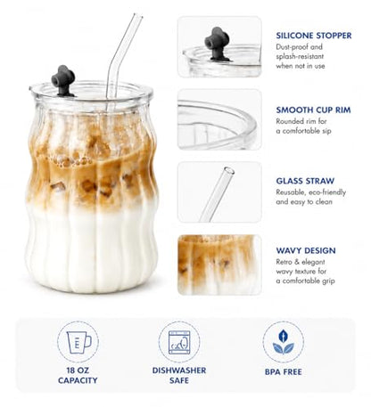 6 Packs Glass Cups with Lids and Straws, 18oz Ribbed Iced Coffee Glass Tumblers, Suitable for Juice, Milk Tea, and Smoothies, Includes Cleaning Brushes