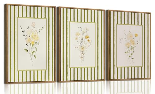 KISSFOX 3 Piece Framed Wall Art Floral Wall Decor Wildflower Canvas Wall Art Flower Pictures Boho Botanical Paintings Green Poster Wall Decor For Girly Room Bedroom Apartment Dorm Living Room - color: Green flowers, size: 16x24 In Natural Framed