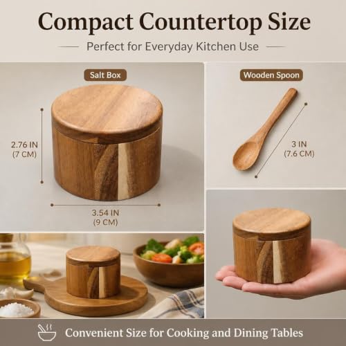 Acacia Wood Salt Cellar With Spoon Salt Box With Swivel Lid Spice Keeper Kitchen Storage Jar Salt Container For Table Salt Gourmet Salt Herbs Seasoning Spice Jar Wooden Salt Box Kitchen Organizer