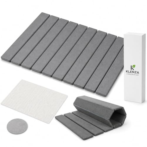 Stone Bath Mat, Quick Dry Foldable Diatomaceous Earth, 24 x 16, Grey | 23.6 x 15.3 in grey stone bath mat with foldable design, anti-slip pad and included sandpaper.