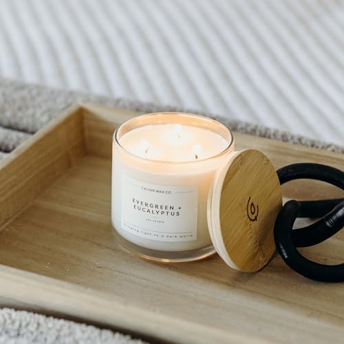 Evergreen & Eucalyptus 3 Wick Scented Candle - 43 Hour Burn | Made in the USA Luxury Clean Soy Wax Candles - Long Lasting Large Glass Jar Candle for Home - 3 Wicks - 14.9oz - color: Evergreen + Eucalyptus
