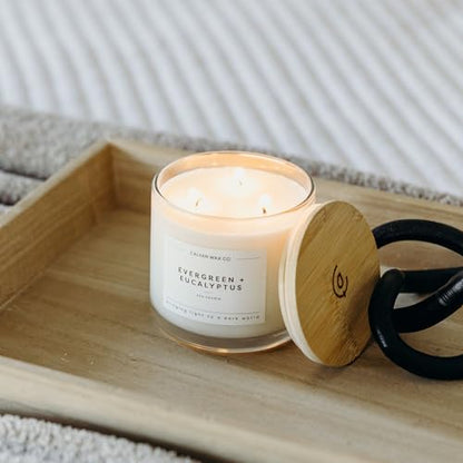 Evergreen & Eucalyptus 3 Wick Scented Candle - 43 Hour Burn | Made in the USA Luxury Clean Soy Wax Candles - Long Lasting Large Glass Jar Candle for Home - 3 Wicks - 14.9oz - color: Evergreen + Eucalyptus