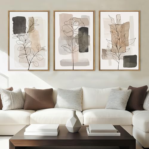 Anyzal Large Framed Neutral Floral Wall Art 16x24 Inch Tan Modern botanical Canvas Wall Decor Minimalist Black Flower Prints for Living room Bedroom Dining room Set of 3 - color: Beige and tan, size: 24"L x 16"W