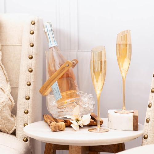 Gold Wine Glasses for Champagne, Set of 2-6oz Champagne Flutes with Slanted Rims, Angled Bowl for Optimal Aeration, Modern, Unique, Decorative Fancy Wine Glasses Set for Women and Men