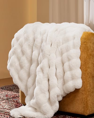 Ultra Soft Cozy Faux Fur Throw Blanket, Fuzzy Plush Thick Bubble Blanket, Luxury Fluffy Blanket for Couch, Sofa, Bedroom, and Living Room, 50x60 Inches, Cream White - color: Cream White, size: Throw