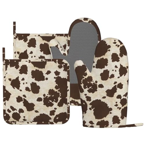 Brown Cowhide Oven Mitts and Pot Holders Sets Silicone Brown Cow Print Kitchen Mitts Cowhide Skin Pattern Potholders Heat Resistant 4Pcs Oven Gloves Hot Pads for Kitchen Baking Cooking - color: Brown Cow Print