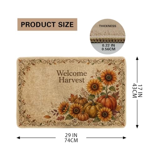 Sunflowers Welcome Door Mat, Seasonal Rustic Pumpkins Harvest Autumn Yellow Non-Slip Dirt Trapper Decorative Doormat Entryway Decor for Front Porch Bathroom Office 29x17 Inch