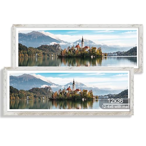 Hongkee 12x36 Picture Frame 2 Packs, Real Glass and Distressed White Wood Frame, Display Collage Pictures Twelve 4x6 With Mat or Pennant 12 x 36 Without Mat - Horizontal or Vertical Wall Mounting - color: Distressed White, size: 12x36 in matted to 12-4x6