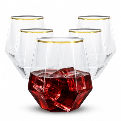 32Pcs Gold Plastic Stemless Wine Glasses, 12Oz Disposable Glasses(Diamond) | Clear Plastic Whiskey Glasses with Gold Rim,Unbreakable Cups for Party Bars, Wedding,Tasting,Birthday Party - color: Gold, size: 32 Count