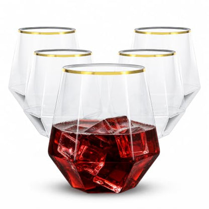 32Pcs Gold Plastic Stemless Wine Glasses, 12Oz Disposable Glasses(Diamond) | Clear Plastic Whiskey Glasses with Gold Rim,Unbreakable Cups for Party Bars, Wedding,Tasting,Birthday Party - color: Gold, size: 32 Count