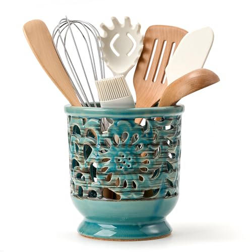Farmhouse Kitchen Utensil Holder for Countertop, Ceramic Large Cooking Utensil Crock with Cork Mat, Hollow Carving Decorative Rustic Utensil Holder for Kitchen Counter, Antique Blue - color: Antique Blue