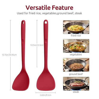 U-Taste 600ºF High Heat 16in Silicone Kitchen Tong and 600ºF Heat Resistant 13.76" Long, 3.63" Wide Wok Spatula for Kitchen Stir Fry (Red)