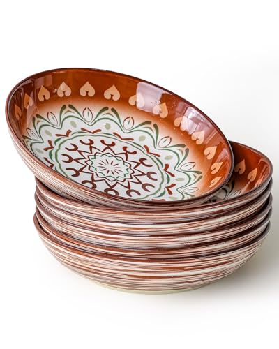 Yeacccng Bohemian Pasta Bowls Set of 6, 8.5 Inch 35 Oz Ceramic Serving Bowls, Brown Color Block Design, Lead-Free Cadmium-Free, Dishwasher Microwave Oven Safe, Scratch-Resistant Salad Soup Bowls - size: 8.5 inch pasta bowl (Brown*6)