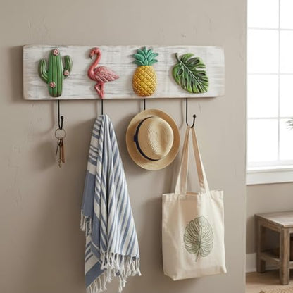 Tropical Coat Rack with 4 Hooks Pineapple Flamingo Cactus Monstera Leaf Wall Mounted Hooks Decor Tropical Theme for Home Entryway Bathroom Hats Keys Towels - style: Flamingos