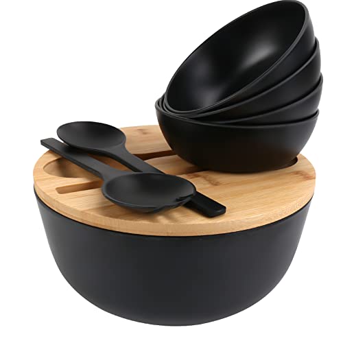 ShineMe Salad Bowls, Large Salad Bowl with Lid and Servers, Bamboo Salad Bowl Set with 4Pack Small Serving Bowls, 9.8inches Solid Kitchen Bowl for Fruits, Vegetables and Pasta...(Black) - color: black with utensils