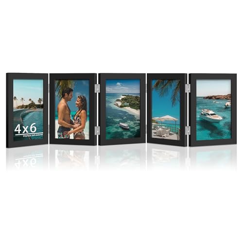 DUENPY 5 Folding 4x6 Accordion Wood Frame Plexiglass Black | Constructed With Engineered Wood And Plexiglass, Elegant Ornament For Desktop Photo Display - color: Black, size: 4x6