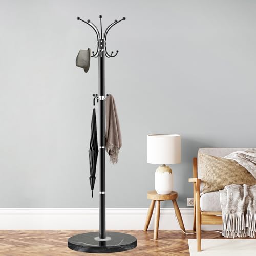 ZOZOE Metal Coat Rack Stand, Modern Coat Rack Freestanding with Natural Marble Base, 360° Rotary Design Coat Racks with 14 Hooks, Black Coat Tree Hanger Stand for Bags, Hats, Entryway, Office - color: Black 14 Hooks