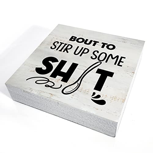 Rustic Bout to Stir up Wood Box Sign Funny Kitchen Wooden Box Sign Farmhouse Home Kitchen Desk Shelf Decor (5 X 5 Inch) - color: Natural Wood