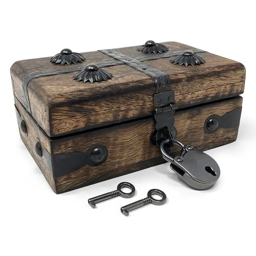 Treasure Chest Wooden Box with Antique Iron Lock and Skeleton Key (X-Small 5 x 3 x 2) - Storage and Decor – Pirate Wooden Treasure Chest, Decorative Box with Hinged Lid, - size: X-Small 5 x 3 x 2"