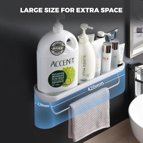 Bathroom Organizer - Wall Mounted Shower Caddy Shelf - with Towel Bar - Extra Strong Self Adhesive - No Drilling - Easy Drainage - Rustproof. (White/Gray) - color: White / Gray
