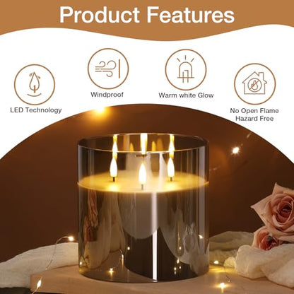 Large 3 Wick Grey Glass Flameless Pillar Candle with Remote | 6x6 inch LED Candle Flickering, Triple Wick, 2 AA Battery Powered, Accent Home Decor Gift - color: Smoke Grey