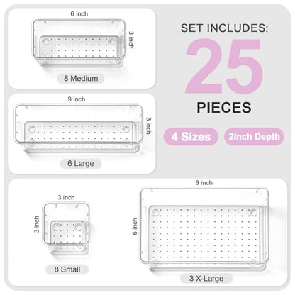 25 Pcs Makeup Drawer Organizer Set, 4 Sizes Versatile Bathroom and Vanity Drawer Organizer for Makeup, Non-Slip Desk Organizer Trays for Bedroom, Office, Fits Jewelry and Office Supplies - size: 25Pack