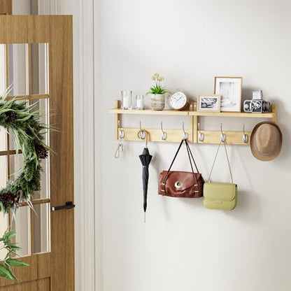 STELLSTAR Coat Rack with Shelf, 2 Pack Bamboo Wall-Mounted Coat Hanger with 8 Hooks for Entryway, Hallway, Kitchen, Bathroom, Living Room, Utility Room (Natural) - color: Natural