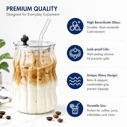 6 Packs Glass Cups with Lids and Straws, 18oz Ribbed Iced Coffee Glass Tumblers, Suitable for Juice, Milk Tea, and Smoothies, Includes Cleaning Brushes